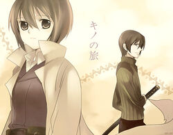  1boy androgynous artist_request female kino kino_no_tabi long_coat shizu short_hair sweater sword tagme weapon 