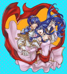  1boy armor bare_shoulders blue_eyes blue_hair blush bouquet bridal_veil bride caeda_(bridal)_(fire_emblem) caeda_(fire_emblem) commentary couple dress elbow_gloves female fingerless_gloves fire_emblem fire_emblem:_mystery_of_the_emblem fire_emblem_heroes flower formal gloves groom hair_flower hair_ornament highres husband_and_wife jewelry long_hair marth_(fire_emblem) marth_(groom)_(fire_emblem) necklace open_mouth pegasus_knight_uniform_(fire_emblem) rose smile straight strapless strapless_dress suit symbol-only_commentary tamaro_pompom tiara tuxedo veil wedding wedding_dress white_dress white_flower white_gloves white_suit 