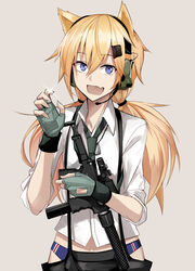  :d androgynous animal_ears bad_id bad_pixiv_id blonde_hair blue_eyes blush commentary fingerless_gloves genderswap_(ftm) girls_frontline glint gloves green_gloves green_neckwear gun hair_between_eyes hair_ornament hairclip headset holding holding_gun holding_weapon idw_(girls_frontline) long_hair looking_at_viewer low_twintails lowleg lowleg_pants male_focus necktie oerba_yun_fang open_mouth pants parker-hale_idw rule_63 shijiu_(adamhutt) shirt smile solo submachine_gun suppressor twintails upper_body weapon white_shirt 