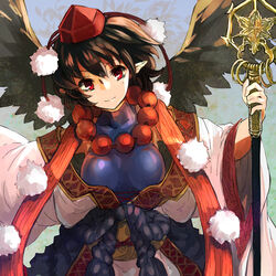  absurdres alternate_costume bad_id bad_pixiv_id black_hair black_wings breasts closed_mouth commentary_request cross-laced_clothes female hat highres holding japanese_clothes jewelry large_breasts long_sleeves looking_at_viewer nuqura off_shoulder pointy_ears pom_pom_(clothes) red_eyes ring rope sash shakujou shameimaru_aya shirt short_hair smile solo staff tight_clothes tight_shirt tokin_hat touhou turtleneck upper_body wide_sleeves wings yuigesa 