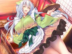  amakano_~second_season~ apron blush closed_eyes covered_nipples female game_cg holding holding_tray indoors japanese_clothes long_hair long_sleeves official_art open_mouth piromizu solo suzurikawa_euphrasie_ruika tray waitress white_hair 