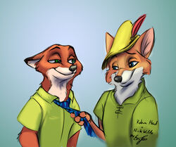  anthro blue_eyes bycocket canid canine clothed clothing clothing_pull countershading crossover disney duo eosfoxx fox fur green_eyes hat headgear headwear loose_feather male male/male mammal necktie necktie_pull nick_wilde orange_body orange_fur red_fox robin_hood robin_hood_(disney) simple_background smile true_fox tuft white_body white_fur zootopia 