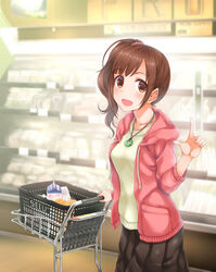  :d black_skirt brown_eyes brown_hair commentary_request female groceries hair_ornament hair_scrunchie highres hood hooded_jacket idolmaster idolmaster_cinderella_girls igarashi_kyoko index_finger_raised indoors jacket long_hair looking_at_viewer milk_carton naharyou open_clothes open_jacket open_mouth pink_jacket pink_scrunchie pleated_skirt pointy_ears scrunchie shopping shopping_cart side_ponytail skirt smile solo standing supermarket sweater 