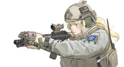  acog american_flag assault_rifle blonde_hair blue_eyes commentary_request female gloves gun helmet load_bearing_vest long_hair m4_carbine magazine_(weapon) military military_operator mk_18_carbine original rifle shino_(r_shughart) solo united_states_marine_corps walkie-talkie war watch weapon white_background 