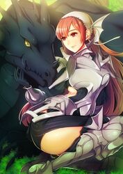  armor armored_boots bad_anatomy black_gloves bodysuit boots bracer breastplate breasts cherche_(fire_emblem) clothing_cutout commentary_request dragon female fire_emblem fire_emblem_awakening gloves grass headband hip_armor horns kokouno_oyazi long_hair looking_at_another looking_back lying medium_breasts minerva_(fire_emblem_awakening) multiple_horns orange_hair pauldrons red_eyes seiza shoulder_armor side_cutout sidelocks sitting slit_pupils smile swept_bangs thigh_cutout thighs twisted_torso very_long_hair white_headband wyvern yellow_eyes 