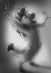  2015 anthro armpit_hair body_hair claws clothed clothing gnoll hair hyena jewelry looking_at_viewer looking_up male mammal monochrome necklace open_mouth sayuncle simple_background solo spiky_hair spots spotted_hyena stretching tongue tongue_out topless 