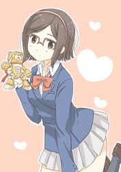  beargguy_iii blazer blush breasts brown_eyes brown_hair commentary_request female glasses gundam gundam_build_fighters gunpla hairband jacket kousaka_china matsuda_hikari medium_breasts model_kit ribbon semi-rimless_eyewear short_hair skirt solo 