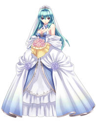  agarest_senki_(series) agarest_senki_2 aqua_hair bouquet breasts bride cleavage detached_collar dress female flower frills full_body hirano_katsuyuki long_hair medium_breasts official_art photoshop_(medium) pink_flower pink_rose purple_eyes rose solo tachi-e victoria_(agarest_senki) wedding_dress white_background white_dress 