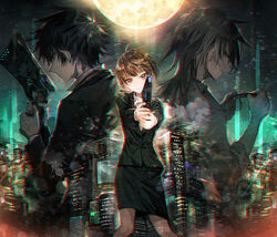  2boys ahoge black_hair black_jacket black_skirt brown_eyes brown_hair brown_legwear chromatic_aberration commentary_request dominator_(gun) female grey_shirt gun head_tilt holding holding_gun holding_weapon jacket kougami_shin&#039;ya long_hair looking_at_viewer looking_back makishima_shougo moon multiple_boys mura_karuki night pantyhose pencil_skirt photoshop_(medium) psycho-pass shirt short_hair skirt standing suit_jacket tsunemori_akane weapon 