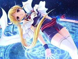  bare_shoulders bekkankou blonde_hair blush cynthia_marguerite female game_cg long_hair looking_at_viewer magic_circle open_mouth red_eyes sleeveless solo thighhighs white_thighhighs wristband yoake_mae_yori_ruri_iro_na zettai_ryouiki 