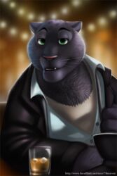  2016 2:3 7theaven abstract_background anthro beverage black_body black_fur digital_media_(artwork) disney felid food fur green_eyes grey_body grey_fur jaguar looking_at_viewer male mammal melanistic pantherine renato_manchas scar smile solo zootopia 