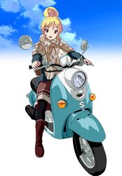  alternate_hairstyle bakuon!! blonde_hair boots commentary cosplay day female hair_bun hal-py looking_at_viewer motor_vehicle name_connection on_scooter orange_eyes pantyhose riding scooter shawl shima_rin shima_rin_(cosplay) single_hair_bun sky suzunoki_rin touyama_nao voice_actor_connection yamaha yamaha_vino yurucamp 