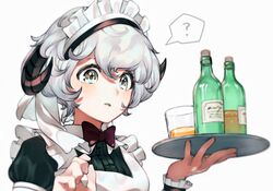  ? alcohol apron arms_up black_dress bottle bow bowtie commentary_request dress female glass grey_eyes grey_hair hair_between_eyes highres holding holding_tray horns long_sleeves maid maid_apron maid_headdress original purple_bow purple_bowtie sheep_horns short_hair simple_background solo spoken_question_mark tray white_apron white_background yoshihiro_(yoshihiro12190) 