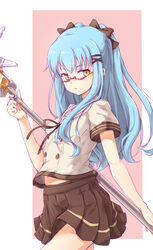  ao_no_kiseki aqua_hair bow breasts commentary_request cowboy_shot eiyuu_densetsu expressionless female glasses gpbeta hair_ribbon hairbow highres long_hair looking_at_viewer midriff miniskirt navel neck_ribbon pink_background pleated_skirt ribbon sailor_collar school_uniform serafuku shirt short_sleeves skirt small_breasts solo staff tio_plato tress_ribbon two-tone_background two_side_up white_background yellow_eyes zero_no_kiseki 