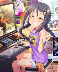  ^_^ aged_down aoki_kei arcade arcade_cabinet artist_request black_hair bracelet braid cameo closed_eyes company_connection controller crane_game crossover cutoffs female galaxian grin hair_ornament hairclip idolmaster idolmaster_cinderella_girls jewelry joystick long_hair mishima_heihachi miyoshi_sana namco official_art sitting smile solo stuffed_toy tekken tekken_tag_tournament_2 textless_version trainer_(idolmaster) twin_braids 