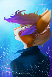  anthro blue_background blue_theme crystal_mccullan_(character) domestic_cat ear_piercing felid feline felis female hair keisha_makainn mammal piercing side_view simple_background solo yellow_eyes 