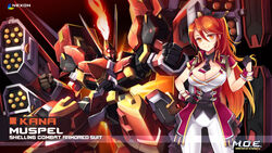  artist_name ass_visible_through_thighs breasts character_name cleavage cleavage_cutout clenched_hand clothing_cutout company_name copyright_name female fire gloves glowing gradient_hair hand_on_own_hip highres kana_(master_of_eternity) large_breasts master_of_eternity mecha missile_pod multicolored_hair muspel_(master_of_eternity) necktie nexon official_art official_wallpaper orange_eyes orange_hair robot wrist_cuffs 