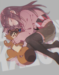  1boy black_legwear blurry boots brown_hair closed_eyes commentary_request depth_of_field ebisugawa_kaisei female long_hair luo. lying on_side photoshop_(medium) shimogamo_yasaburou shorts sleeping tail tanuki thighhighs uchouten_kazoku 