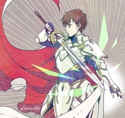  1boy armor bad_id bad_twitter_id brown_eyes brown_hair cape fire_emblem fire_emblem:_genealogy_of_the_holy_war fire_emblem:_thracia_776 gloves leif_(fire_emblem) light_brand male_focus shirokuro_(0501nk) short_hair sword weapon white_armor 