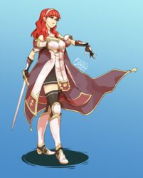  artist_name black_gloves black_thighhighs blue_background blunt_bangs boots bright_pupils celica_(fire_emblem) closed_mouth commentary_request female fingerless_gloves fire_emblem fire_emblem_echoes:_shadows_of_valentia fire_emblem_gaiden fsnowzombie full_body gloves gradient_background hairband highres holding holding_sword holding_weapon long_sleeves looking_away outstretched_arm red_eyes red_hair shadow smile solo standing sword thighhighs weapon white_pupils 