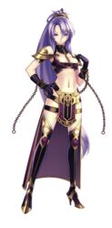  agarest_senki_(series) agarest_senki_2 boots breasts buckle chains cleavage eva_(agarest_senki) female full_body gloves hand_on_own_hip high_heels high_ponytail hirano_katsuyuki long_hair medium_breasts midriff navel official_art ponytail purple_eyes purple_hair solo tabard tachi-e thigh_boots thighhighs transparent_background 