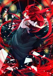  black_skirt blue_eyes bow breasts commentary_request female hairband ian_olympia long_hair long_skirt melty_blood necktie pleated_skirt red_hair ribbon shirt skirt small_breasts solo tohno_akiha tsukihime vermillion_akiha very_long_hair white_hairband 