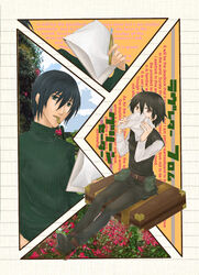  1boy androgynous artist_request black_eyes black_hair briefcase brown_eyes clouds covering_mouth english female flower kino kino_no_tabi looking_at_viewer luggage paper pen shizu short_hair sky tagme 