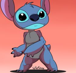  2018 3_toes 4_fingers absurd_res alien ambiguous_gender black_claws black_eyes blue_body blue_fur blue_nose chest_tuft claws digital_drawing_(artwork) digital_media_(artwork) disney experiment_(lilo_and_stitch) feet fingers fur gradient_background head_tuft hi_res lilo_and_stitch pink_background signature simple_background small_tail smile solo standing stitch_(lilo_and_stitch) tail toes tophatmahoney tuft 