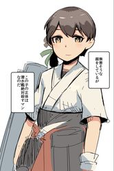  blush brown_eyes brown_hair commentary cowboy_shot female flight_deck folded_ponytail gloves hakama hakama_skirt highres isetta japanese_clothes kantai_collection kasuga_maru_(kancolle) looking_at_viewer machinery short_sleeves simple_background skirt smile solo translated white_background 