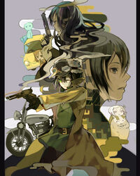  2boys 3girls aiming androgynous animal artist_request belt black_eyes black_hair brimmed_hat canine car chibi expressionless fur goggles green_eyes gun hat hermes kino kino_no_tabi long_coat long_hair looking_at_viewer looking_away master_(kino_no_tabi) motorad motorcycle multiple_boys multiple_girls partner_(kino_no_tabi) revolver riku_(kino_no_tabi) shizu short_hair smile smoke tea_(kino_no_tabi) vehicle weapon 