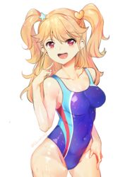  :d aikatsu! aikatsu!_(series) blonde_hair blush breasts commentary_request competition_swimsuit cosplay cowboy_shot female idolmaster idolmaster_cinderella_girls idolmaster_cinderella_girls_starlight_stage long_hair looking_at_viewer medium_breasts natsuki_mikuru nitta_minami nitta_minami_(cosplay) one-piece_swimsuit open_mouth red_eyes shovelwell simple_background smile solo suzaki_aya swimsuit two_side_up voice_actor_connection 