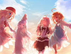  4girls animal animal_on_head beret bird bird_on_head blonde_hair blue_eyes brown_hair candy chicken chicken_(toaru) closed_eyes commentary_request dress febrie food fraulein_kreutune fremea_seivelun gekota hat last_order_(toaru_majutsu_no_index) lolicon lollipop long_hair multiple_girls necktie on_head pyonko running short_hair tautiki toaru_kagaku_no_railgun toaru_kagaku_no_railgun_s toaru_majutsu_no_index toaru_majutsu_no_index:_new_testament very_long_hair 