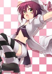  arm_behind_head checkered_background commentary_request facial_mark female green_eyes hat looking_at_viewer looking_down merry_nightmare midriff navel oerba_yun_fang open_mouth outstretched_arm purple_hair ribbon shoes short_hair skirt solo striped_clothes striped_thighhighs thighhighs type-alpha yumekui_merry 