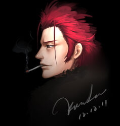  1boy artist_name cigarette commentary_request dated k-project kunlu male_focus manly photoshop_(medium) profile red_hair signature smoking solo suoh_mikoto 