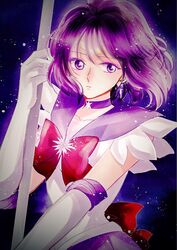  back_bow bishoujo_senshi_sailor_moon bow bowtie brooch choker collarbone commentary_request elbow_gloves female gloves hana_(haruharu-michimichi83) jewelry looking_at_viewer magical_girl parted_lips pleated_skirt purple_eyes purple_hair purple_sailor_collar purple_skirt red_bow red_bowtie sailor_collar sailor_saturn sailor_senshi_uniform shirt short_hair skirt sleeveless sleeveless_shirt solo star_brooch tomoe_hotaru upper_body white_gloves white_shirt 