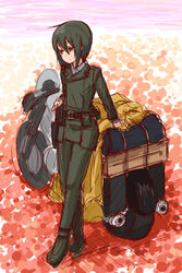  androgynous artist_request black_eyes black_hair female flower gun hermes holster kino kino_no_tabi long_coat luggage motorad motorcycle pouch_bags short_hair sleeping_bag smile solo tagme vehicle weapon 