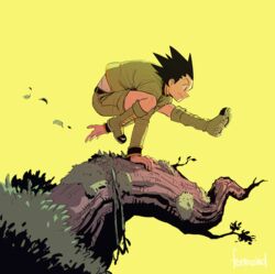  1boy black_hair boots branch commentary english_commentary feriowind from_side full_body gon_freecss green_footwear hunter_x_hunter jacket jumping leaf male_focus parkour shorts solo spiked_hair yellow_background 