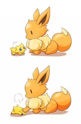  blue_eyes blush_stickers commentary eevee joltik kinakomochi_(kazuna922) no_humans pokemon pokemon_(creature) shadow simple_background tail white_background 