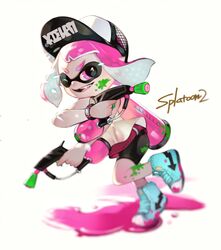  aqua_footwear baseball_cap bike_shorts black_hat black_shorts blue_footwear blunt_bangs blurry bracelet commentary_request copyright_name dapple_dualies_(splatoon) dappled_sunlight dual_wielding female finger_on_trigger full_body gun hat highres holding holding_gun holding_weapon ink_tank_(splatoon) inkling inkling_(language) inkling_girl inkling_player_character jewelry looking_at_viewer oerba_yun_fang one_eye_closed open_mouth paint_splatter paint_splatter_on_face pink_eyes pink_hair running sharp_teeth shirt shoes short_hair shorts simple_background sleeveless sleeveless_shirt smile sneakers solo splatoon_(series) splatoon_2 standing sunlight teeth tentacle_hair weapon white_background white_shirt yoshihiro_(yoshihiro12190) 