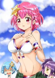  3girls absurdres bad_id bad_pixiv_id blue_eyes blue_hair blush braid breast_envy breasts chibi commentary_request crying dorothy_west ear_piercing genderswap_(mtf) hair_ornament highres idol large_breasts looking_at_viewer midriff mole mole_under_eye multiple_girls open_mouth piercing pink_eyes pink_hair pretty_series pripara profile purple_hair reona_west rule_63 short_hair siblings side_ponytail smile soraryu_saworu star_(symbol) star_hair_ornament streaming_tears swimsuit tears toudou_shion triangle_mouth twins yellow_eyes 