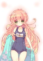  bad_id bad_pixiv_id female green_eyes jinrui_wa_suitai_shimashita long_hair looking_at_viewer nekoto_rina one-piece_swimsuit pink_hair school_swimsuit solo swimsuit towel watashi_(jintai) 