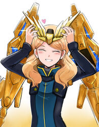  blonde_hair blush closed_eyes commentary_request female gacha-m grin gundam gundam_narrative headgear heart long_hair long_sleeves mecha_musume mechanical_wings photoshop_(medium) rita_bernal shield smile solo unicorn_gundam_phenex wings 