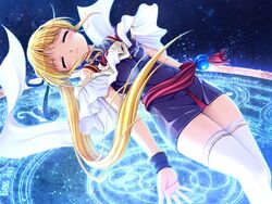  bare_shoulders bekkankou blonde_hair blush closed_eyes closed_mouth cynthia_marguerite female game_cg long_hair magic_circle sleeveless solo thighhighs white_thighhighs wristband yoake_mae_yori_ruri_iro_na zettai_ryouiki 