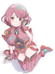  armor ayaran commentary_request covered_navel earrings female fingerless_gloves gloves highres jewelry looking_at_viewer pyra_(xenoblade) red_hair red_shorts short_hair shorts shoulder_armor sidelocks smile solo swept_bangs tiara xenoblade_chronicles_(series) xenoblade_chronicles_2 