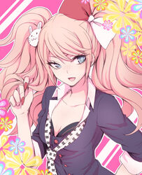  0aoiurn0 :d black_bra black_jacket blonde_hair blue_eyes bow bra breasts cleavage commentary_request danganronpa:_trigger_happy_havoc danganronpa_(series) enoshima_junko female freckles hair_ornament hairbow ikusaba_mukuro jacket long_hair nail_polish necktie open_mouth print_necktie rabbit_hair_ornament red_nails small_breasts smile solo twintails twirling_hair underwear upper_body very_long_hair white_necktie 