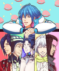  blue_hair brown_hair clear_(dramatical_murder) closed_eyes collar commentary_request doktor_crimson dramatical_murder earrings facial_mark gloves green_eyes green_scarf hand_on_own_chest hat headphones headphones_around_neck jacket jewelry koujaku light_brown_hair male_focus mink_(dramatical_murder) necktie noiz_(dramatical_murder) open_mouth photoshop_(medium) purple_hair red_eyes ren_(dramatical_murder) scar scarf seragaki_aoba smile spiked_collar spikes tattoo white_gloves white_hair yellow_eyes 