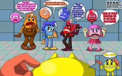  anthro better_version_at_source blinky blue_eyes bodily_fluids body_swap clothing clyde_(disambiguation) dialogue english_text female footwear ghost group humor inky male oh_shit open_mouth pac-man pac-man_(series) pac-man_and_the_ghostly_adventures pinky_(pac-man) shoes simple_background spirit sweat sweatdrop text unknown_artist unknown_species what 