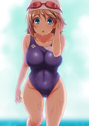  :o ass_visible_through_thighs bare_shoulders blue_eyes blue_one-piece_swimsuit blurry blush breasts brown_hair collarbone commentary_request competition_swimsuit covered_navel depth_of_field dripping female goggles goggles_on_head gradient_background groin hair_between_eyes hand_in_own_hair highres large_breasts looking_at_viewer love_live! love_live!_sunshine!! one-piece_swimsuit shimashima_salmon skin_tight solo swim_cap swimsuit thigh_gap tucking_hair watanabe_you water wet wet_hair 