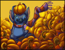  2010 alien ambiguous_gender autumn black_border black_claws black_eyes blue_body blue_fur blue_nose border claws digital_media_(artwork) disney donryu experiment_(lilo_and_stitch) food fruit fur holding_object lilo_and_stitch notched_ear on_one_leg plant pumpkin pumpkin_patch scarf signature solo standing stitch_(lilo_and_stitch) 