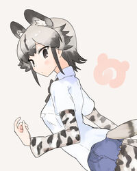  african_wild_dog_(kemono_friends) african_wild_dog_print animal_ears animal_print black_eyes black_hair black_neckwear blue_shorts commentary_request cutoffs dog_ears dog_tail dress_shirt dutch_angle female from_side grey_background grey_hair highres japari_symbol kemono_friends layered_sleeves long_sleeves multicolored_clothes multicolored_hair multicolored_legwear pantyhose pantyhose_under_shorts print_pantyhose shirt short_hair short_over_long_sleeves short_shorts short_sleeves shorts solo tail two-tone_hair uasi white_pantyhose white_shirt 